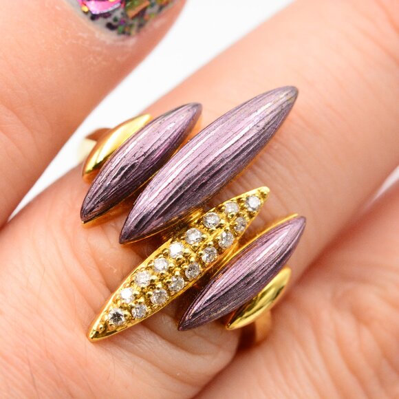 18K Vintage Purple Enamel Ring With Pave Set Diamonds - Picture 10 of 10